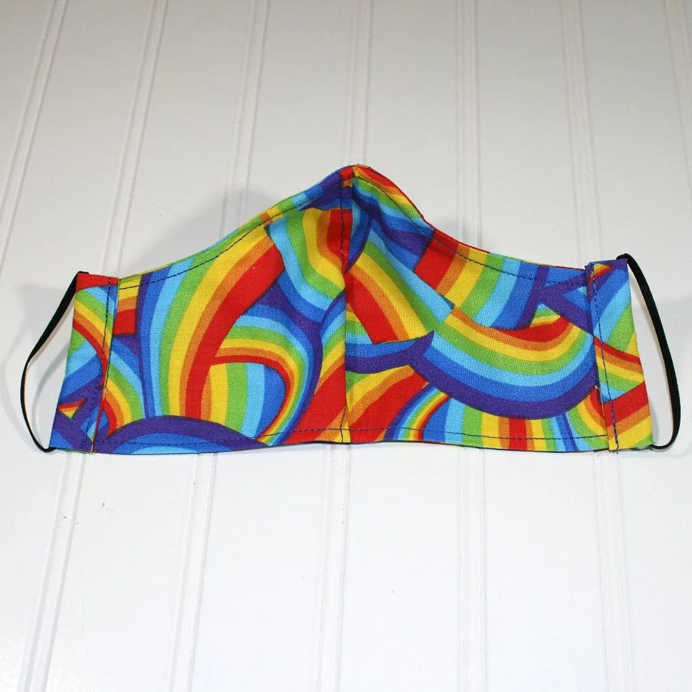 HAND CRAFTED Face Mask Rainbow Colorful Cotton LGBTQ+ - Adult - Shield Style